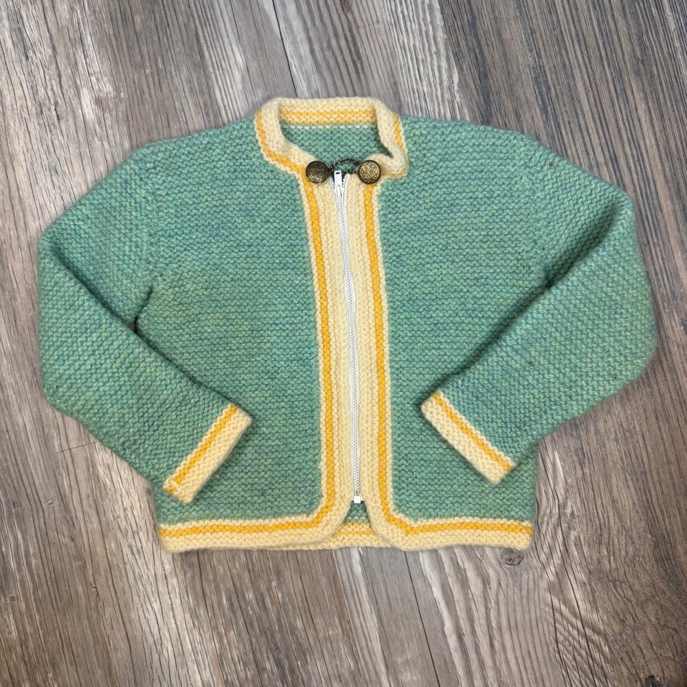 Vintage 1980s Handmade Kids Knit Cardigan Sweater Green Zip Front Nordic Style S